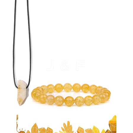 Natural Citrine Beads Stretch Bracelets & Pendant Necklaces Sets for Men PW-WGF85DB-05-1