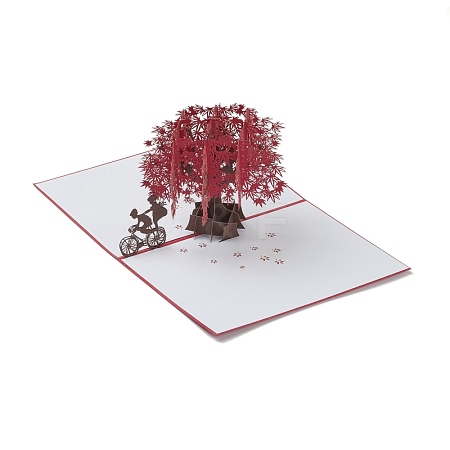 Rectangle 3D Red Maple Tree Pop Up Paper Greeting Card AJEW-A008-05-1