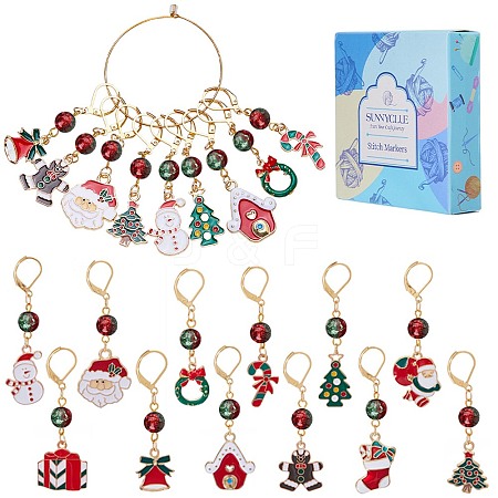 24Pcs 12 Style Christmas Theme Alloy Enamel Pendant Locking Stitch Markers HJEW-SC00006-1