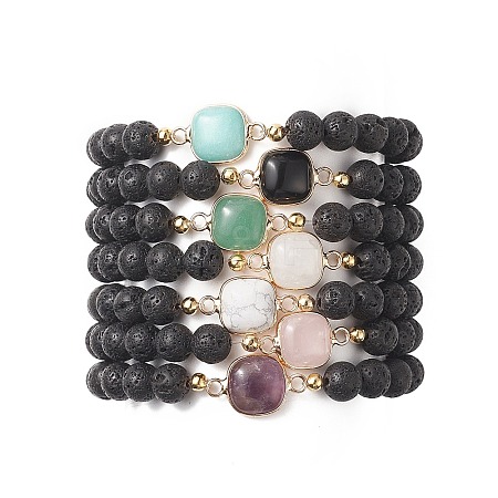 7Pcs 7 Sytle Natural Mixed Gemstone Square & Round Beaded Stretch Bracelets Set for Women BJEW-JB09939-1