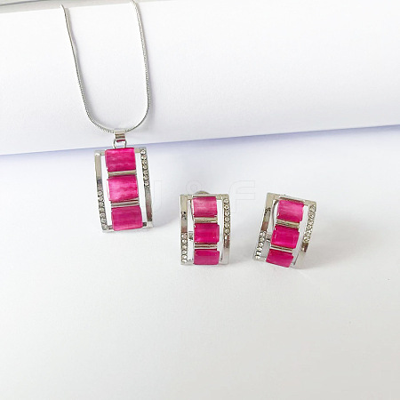 Rectangle Alloy & Cat Eye & Crystal Rhinestone Pendant Necklace & Stud Earring Sets FS-WG998B2-03-1