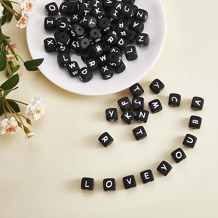 20Pcs Black Cube Letter Silicone Beads 12x12x12mm Square Dice Alphabet Beads with 2mm Hole Spacer Loose Letter Beads for Bracelet Necklace Jewelry Making JX433R-1