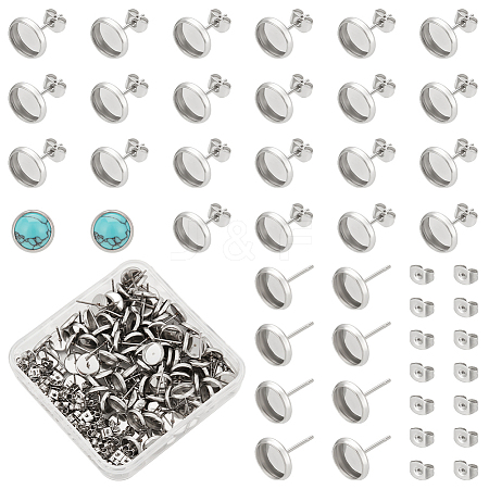 Flat Round 304 Stainless Steel Stud Earring Settings STAS-UN0060-72A-1