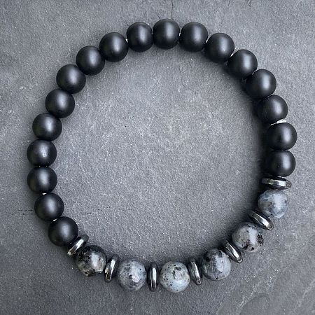 Natural Labradorite & Matte Black Obsidian Round Beads Stretch Bracelets for Men Women LS-UT1293-4-1
