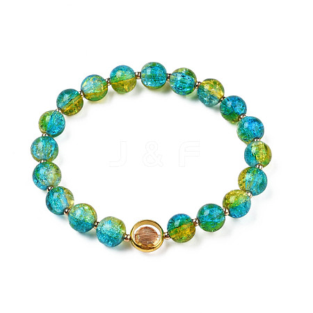 Round Glass Beaded Stretch Bracelet with Gold Plated Brass Ring for Women BJEW-N018-02H-1