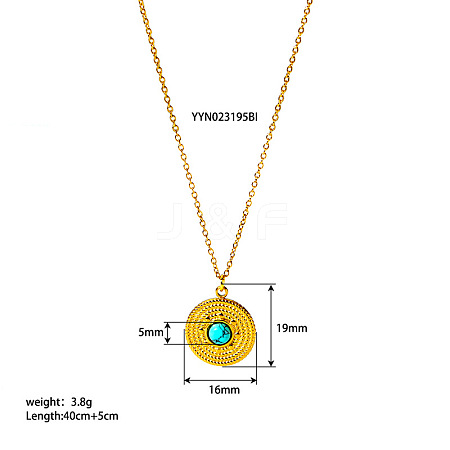 Vintage Stainless Steel Pave Synthetic Turquoise Flat Round Pendant Necklaces for Women QF4931-3-1