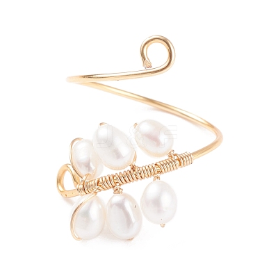 Copper Wire Wrapped Natural Cultured Freshwater Pearl Cuff Rings for Women RJEW-JR00438-1