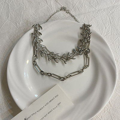 Alloy Branch Link Chain Double Layer Necklaces for Women WGAA3FD-01-1