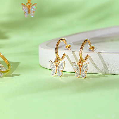 Butterfly Alloy Acrylic Pendant Necklace & Stud Dangle Earring & Cuff Bangles Sets for Women FS-WG2F59A-01-1