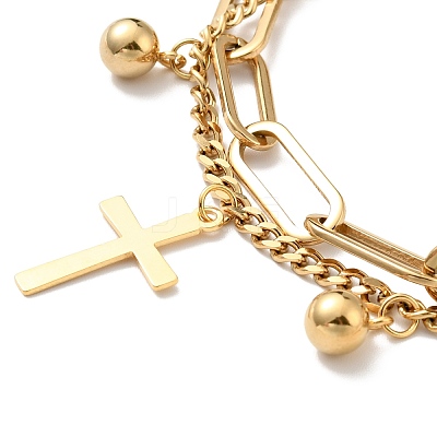Cross and Round Ball Charm Multi-strand Bracelet BJEW-G639-25G-1