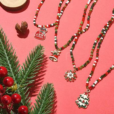 Christmas Theme Alloy Enamel Pendant Necklace with Glass Beaded Chains NJEW-JN04338-1