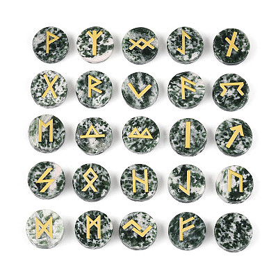 Brass Elder Futhark Alphabet Engraved Symbol Flat Round Natural Green Spot Jasper Rune Stones G-I373-01N-1