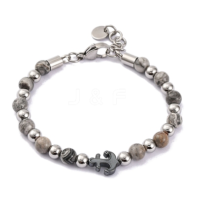 Natural Map Stone & Synthetic Magnetic Hematite Anchor Beaded Bracelet BJEW-P339-01P-02-1