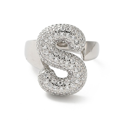 Letter Brass Micro Pave Clear Cubic Zirconia Open Cuff Ring for Women RJEW-N046-03S-P-1