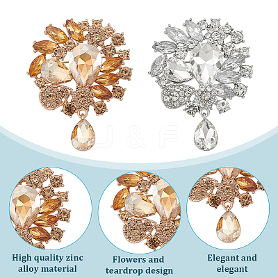 2Pcs 2 Colors Flower with Teardrop Zinc Alloy Rhinestone Brooch JEWB-GO0001-14-1
