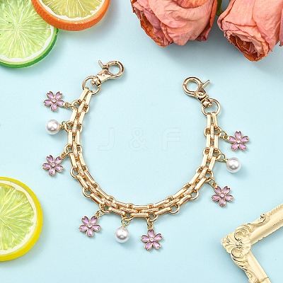 Alloy Enamel Flower with ABS Plastic Pearl Round Bead Charm Iron Chain Bag Decorative Chains HJEW-FS00054-03-1