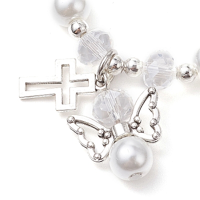 Alloy & Pearlized Glass Pearl Beads Stretch Bracelets for Women BJEW-JB11364-01-1