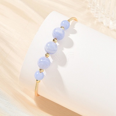 Natural Blue Lace Agate Round Graduated Beaded Brass Cuff Bangles BJEW-JB14463-02-1