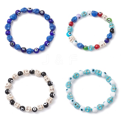 4Pcs 4 Colors Halloween Dyed Synthetic Turquoise Skull & Lampwork Evil Eye Round Beaded Stretch Bracelet Sets for Women Men BJEW-JB12268-1