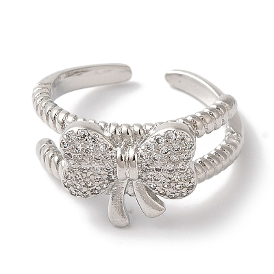Bowknot Brass Micro Pave Clear Cubic Zirconia Open Cuff Rings for Women LS-RJEW-C098-01P-1