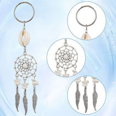 2 Sets Tibetan Style Alloy with Natural Shell & Synthetic Turquoise Keychains KEYC-SP0001-33-1