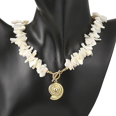 Summer Beach Brass Shell Shaped Pendant Natural Trochid Shell Chip Beaded Necklaces for Women NJEW-JN06107-1