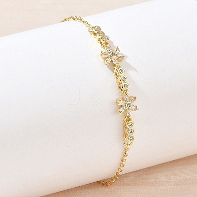 Brass Pave Clear Cubic Zirconia Flower Link Bracelets KK-CBA6980-24G-1