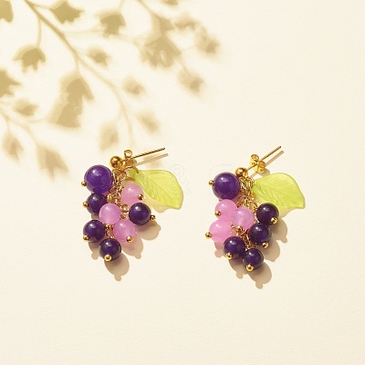Natural Malaysia Jade Grape with Acrylic Leaf Dangle Stud Earrings EJEW-JE04912-1