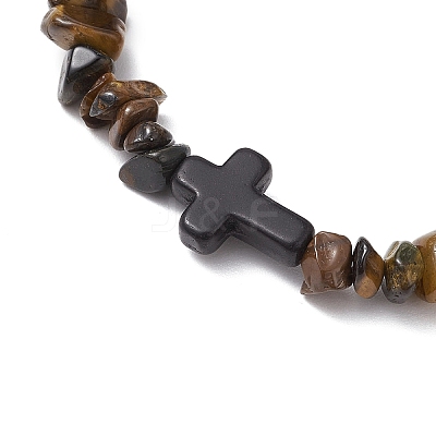 Natural Tiger Eye Chips Stretch Bracelets for Women Men BJEW-JB11341-11-1