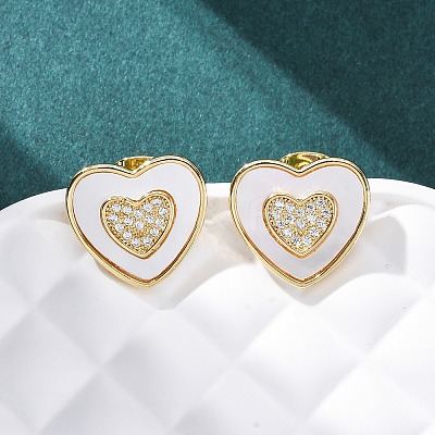 Heart Brass Micro Pave Clear Cubic Zirconia Stud Earrings KK-D363-12B-G-1