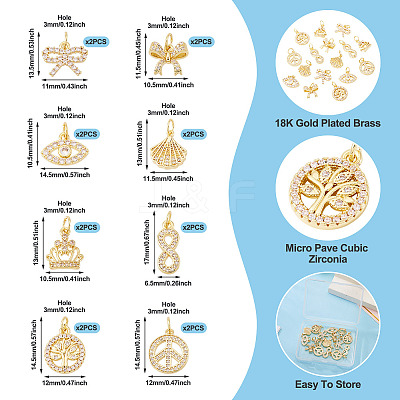 16Pcs 8 Styles Brass Micro Pave Cubic Zirconia Pendants KK-TA0002-30-1