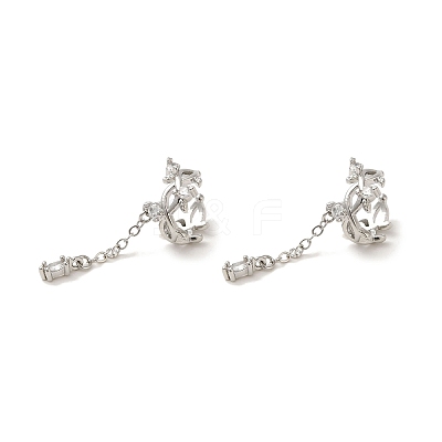 Rack Plating Brass Pave Clear Cubic Zirconia Leaf with Chain Cuff Earrings for Women EJEW-P280-13P-1