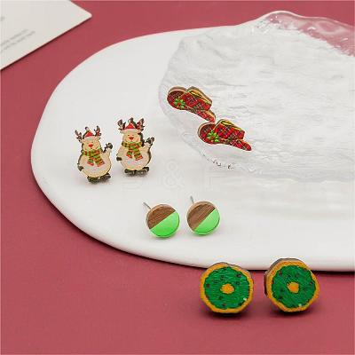 4 Pairs Snowman & Christmas Hat & Wreath Printed Wood Stud Earrings EJEW-OY001-06-1