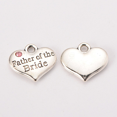 Wedding Theme Antique Silver Tone Tibetan Style Alloy Heart with Father of the Bride Rhinestone Charms TIBEP-N005-19D-1