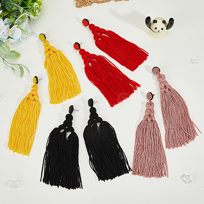 4 Pairs 4 Colors Polyester Tassels Earrings with Seed Beaded EJEW-FI0002-96-1