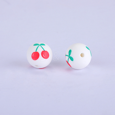 Printed Round with Cherry Pattern Silicone Focal Beads LS-SI-JX0056A-153-1