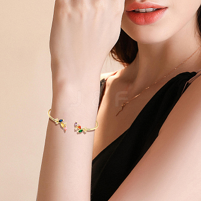 1Pc Elegant Brass Cubic Zirconia Leaf Cuff Bangles for Women BJEW-LP0003-33G-01-1
