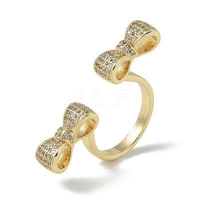 Rack Plating Brass Micro Pave Cubic Zirconia Bowknot Open Cuff Rings for Women RJEW-C088-03G-1