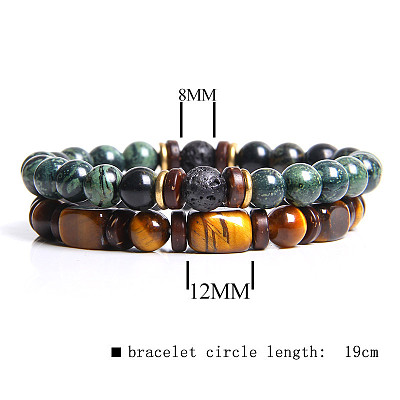 Men's Double-layered Tiger Eye Stone Beaded Bracelet Set - Natural Gemstone Jewelry ST2414590-1