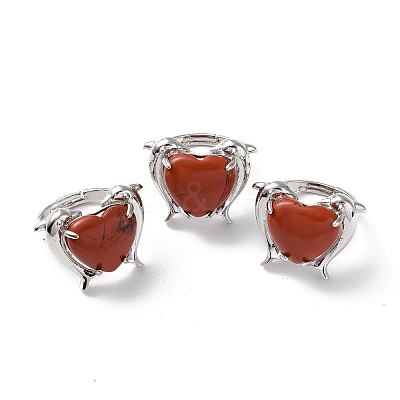 Natural Red Jasper Dolphin & Heart Adjustable Rings RJEW-K241-02P-05-1