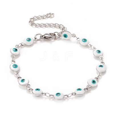 Enamel Oval with Evil Eye Link Chains Bracelet BJEW-P271-04P-02-1