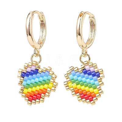 Rainbow Color Japanese Seed Braided Heart Dangle Hoop Earrings EJEW-MZ00004-1