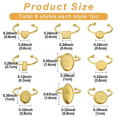9Pcs 9 Styles Ion Plating(IP) 304 Stainless Steel Open Cuff Ring Components STAS-YW0003-18G-1