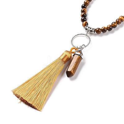 Natural Tibetan Agate Bullet & Tassel Pendant Necklace with Mixed Gemstone Beaded Chains NJEW-E585-02B-1
