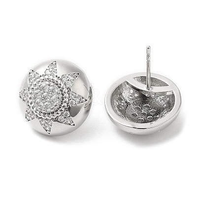 Rack Plating Brass Half Round with Sun Stud Earrings with Crystal Rhinestone for Women EJEW-D059-14P-1
