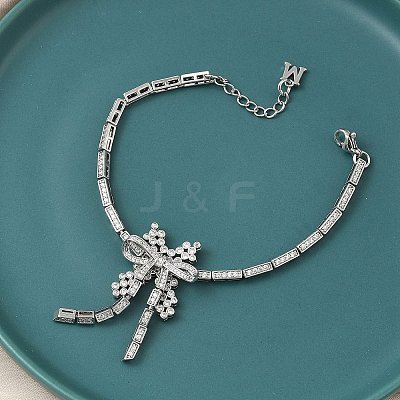 Bowknot Brass Micro Pave Cubic Zirconia Link Chain Bracelets for Women BJEW-A279-01P-1