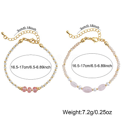 2Pcs Natural Rose Quartz & Glass & Imitation Pearl & Brass Beaded Bracelets for Women JV0360-4-1