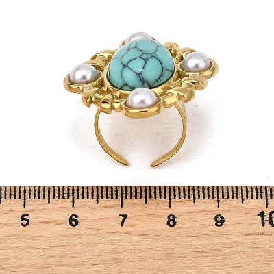 304 Stainless Steel with Turquoise and Plastic Imitation Pearl Adjustable Cuff Rings for Women RJEW-Z096-02G-01-1
