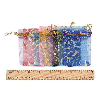 50Pcs 10 Colors Gold Stamping Moon & Star Organza Drawstring Gift Storage Bags ABAG-FS0001-11-1