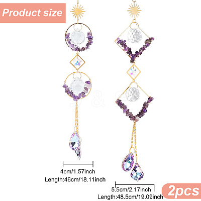 2Pcs 2 Style Teardrop K9 Glass & Natural Amethyst Chip Pendant Decorations HJEW-GO0001-04-1